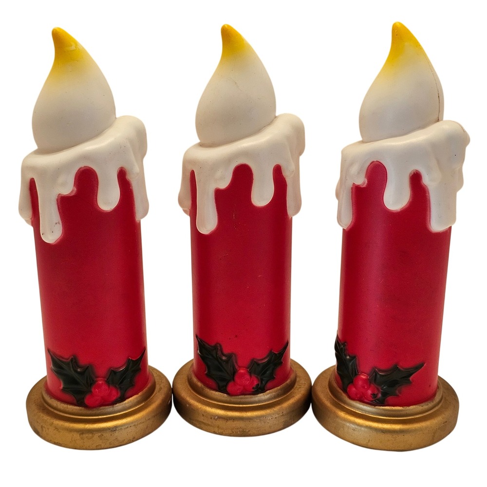 Vintage Style Red Blow Mold Christmas Candle Forms Set of 3 Holly Berry Decor